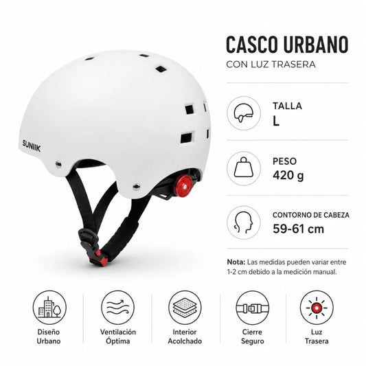 Casque urbain ajustable avec feu arrière, taille L, blanc