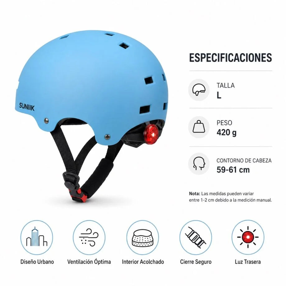 Casque urbain ajustable avec feu arrière, taille L, bleu