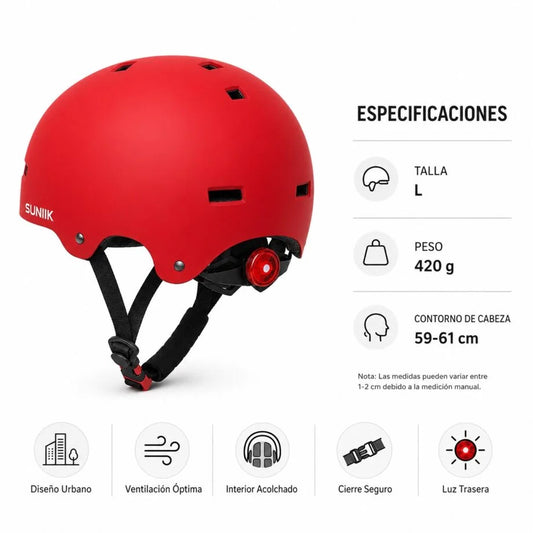 Casque urbain ajustable avec feu arrière, taille L, couleur cerise