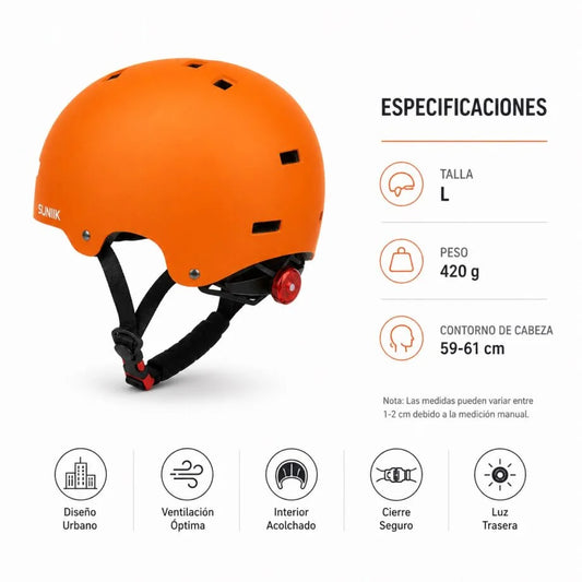 Casque urbain ajustable avec feu arrière, taille L, couleur orange