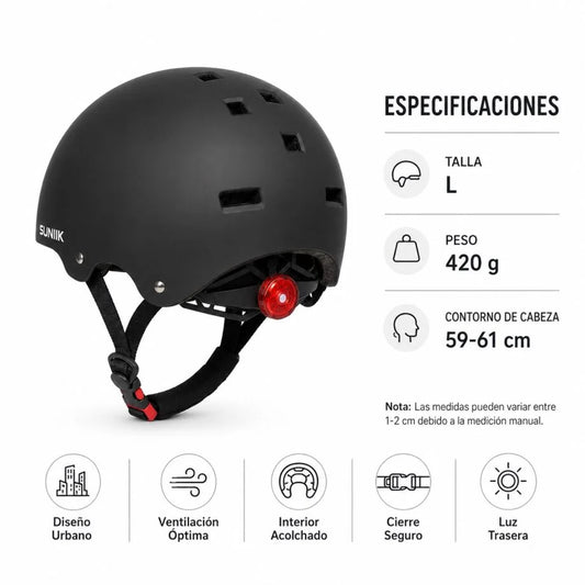 Casque urbain ajustable avec feu arrière, taille L, noir