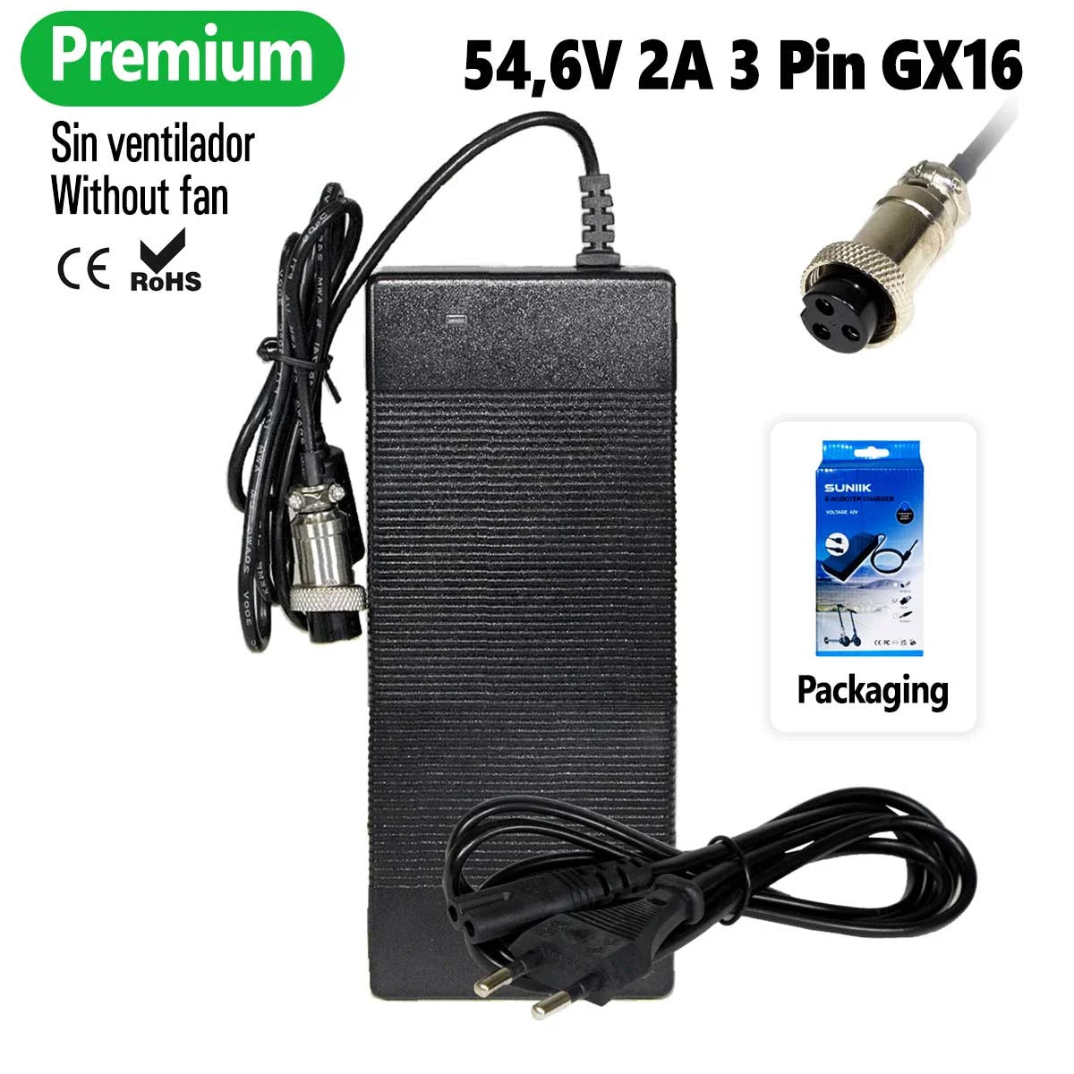 Premium 54.6V 2A charger with 3-pin GX16 connector